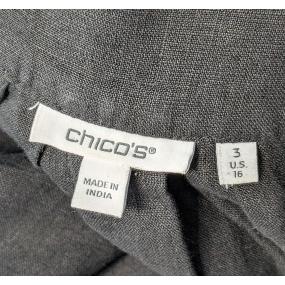 Chicos Black Flutter Sleeve 100% Linen Dress Sz 3 US 16 V Neck Lagenlook Pockets - Picture 3 of 7